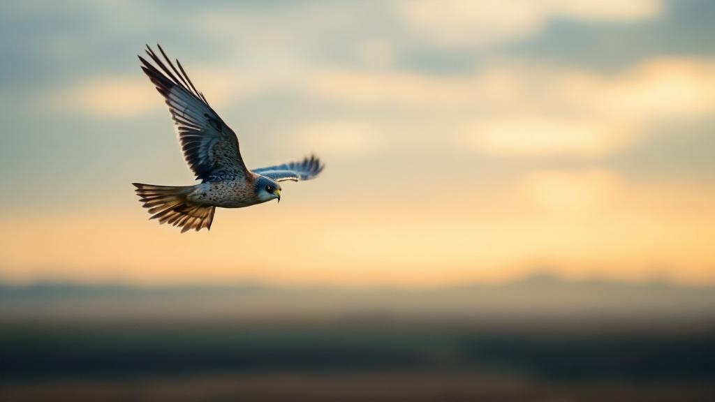 Kestrel hovering over Dutch polder landscape at golden hour