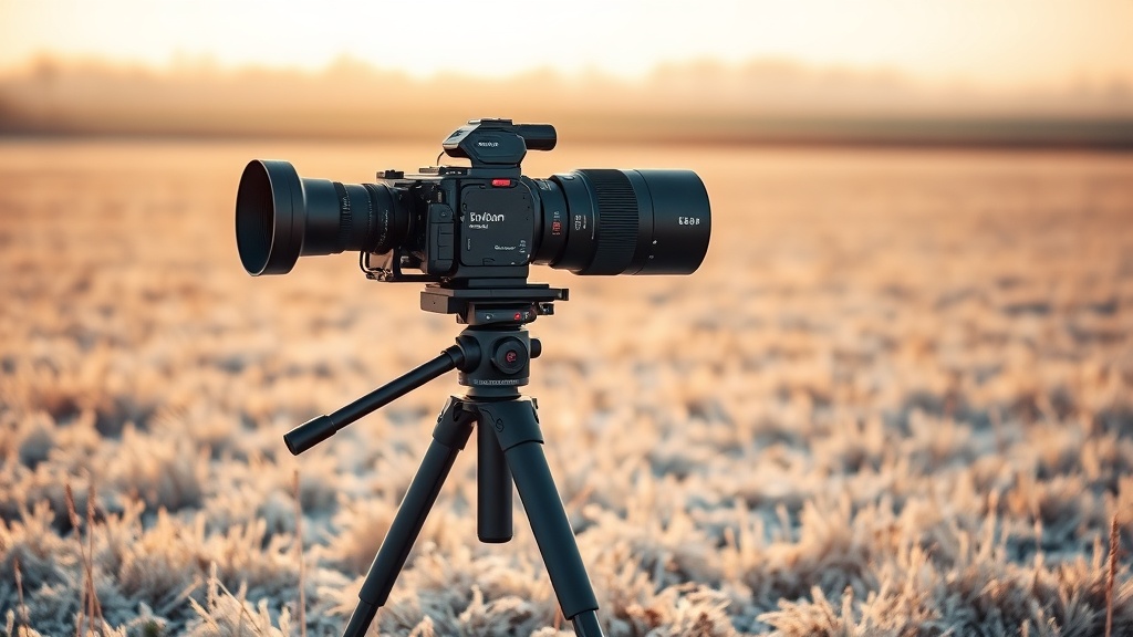 Long telephoto lens resting on fence rail in Dutch polder landscape, winter light