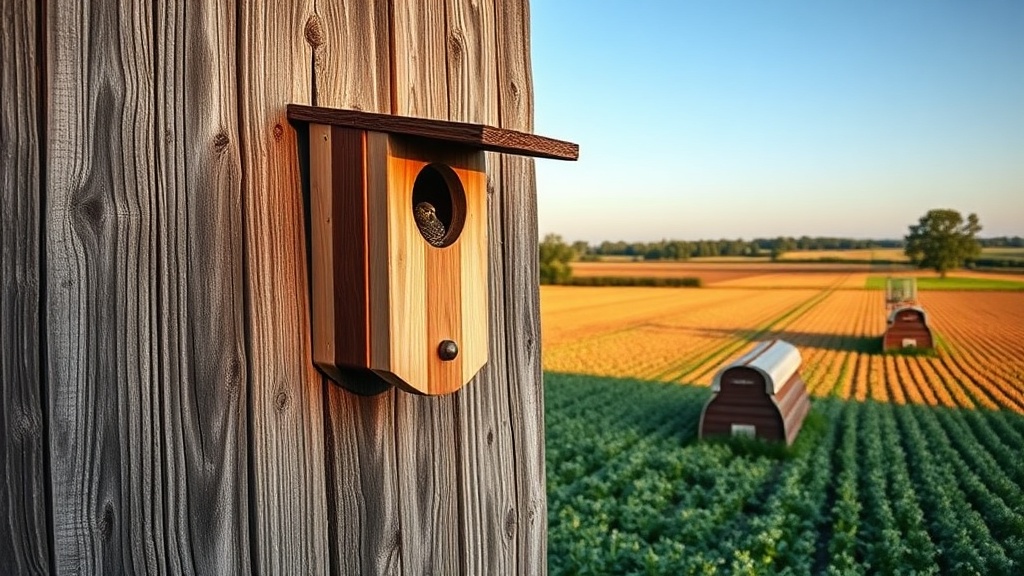 Wooden kestrel nest box mounted on barn wall at edge of Dutch farmland