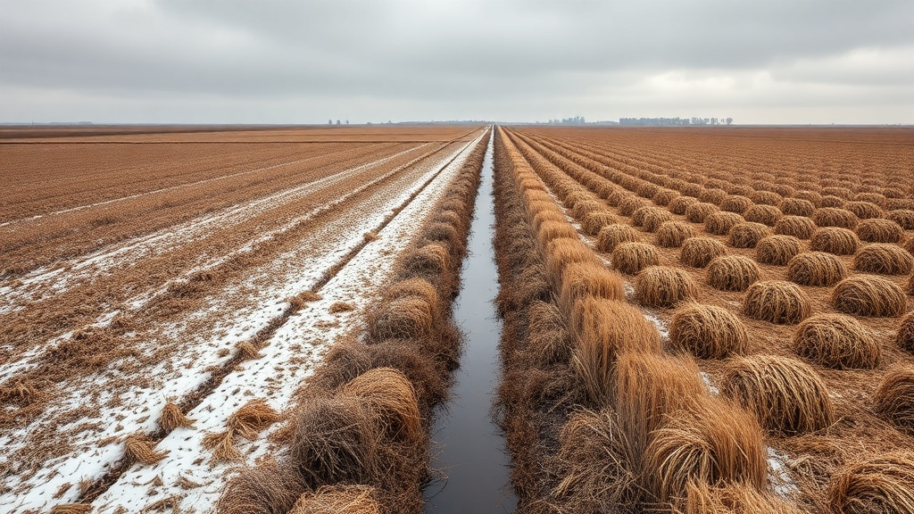 Open Dutch polder landscape in winter, grey sky, flat agricultural fields stretching to the horizon