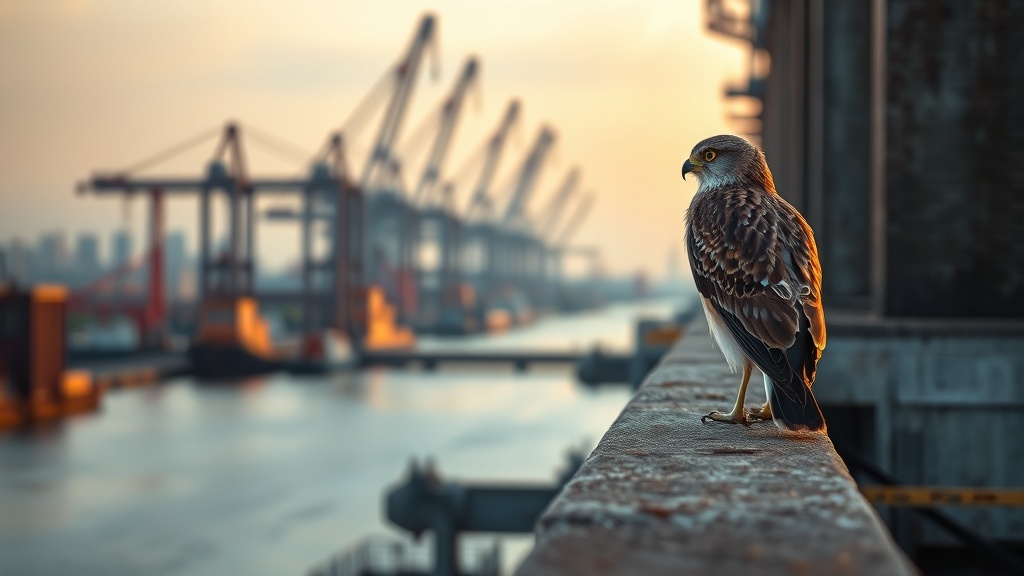 Kestrel perched on industrial building ledge against Rotterdam skyline